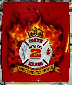 An AIRBRUSHED with REAL FIRE--plate mounted on Station 2 Tiller