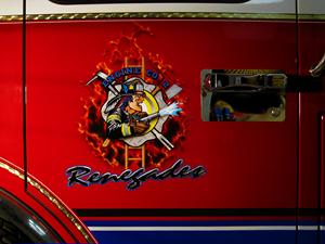 Airbrushed on Door of North Merrick Fire Dept. Engine 2 "Renegades"  Logo/Patch