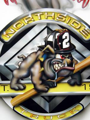 DETAIL- Snarling Bulldog Logo on the North Bellmore FD rig