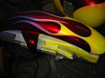 Front Fender Candy Apple Red with Flames & Blue Pinstriping