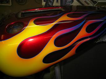 Tank - Candy Apple Red with Flames & Blue Pinstriping