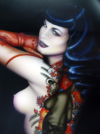 Extremely LARGE DETAIL Portrait & Nude of Bettie Page Airbrushed onto a Harley saddle bag - This picture is much larger than the actual size of the original art.  It does show the quality of Gary's detail