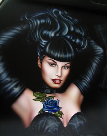 DETAIL of Bettie with a blue rose tattoo.  NOTICE the AIRBRUSHED lace in her bra.  GARY IS THE ORIGINAL CREATOR OF LACE PAINTING FROM THE MID 60s