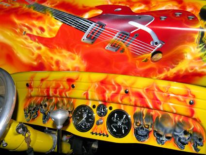 1932 Supercharged Chevy with a Flaming Guitar & Skulls are Airbrushed on the Dash & Chassis Rails.... It�s a Hell of a Ride